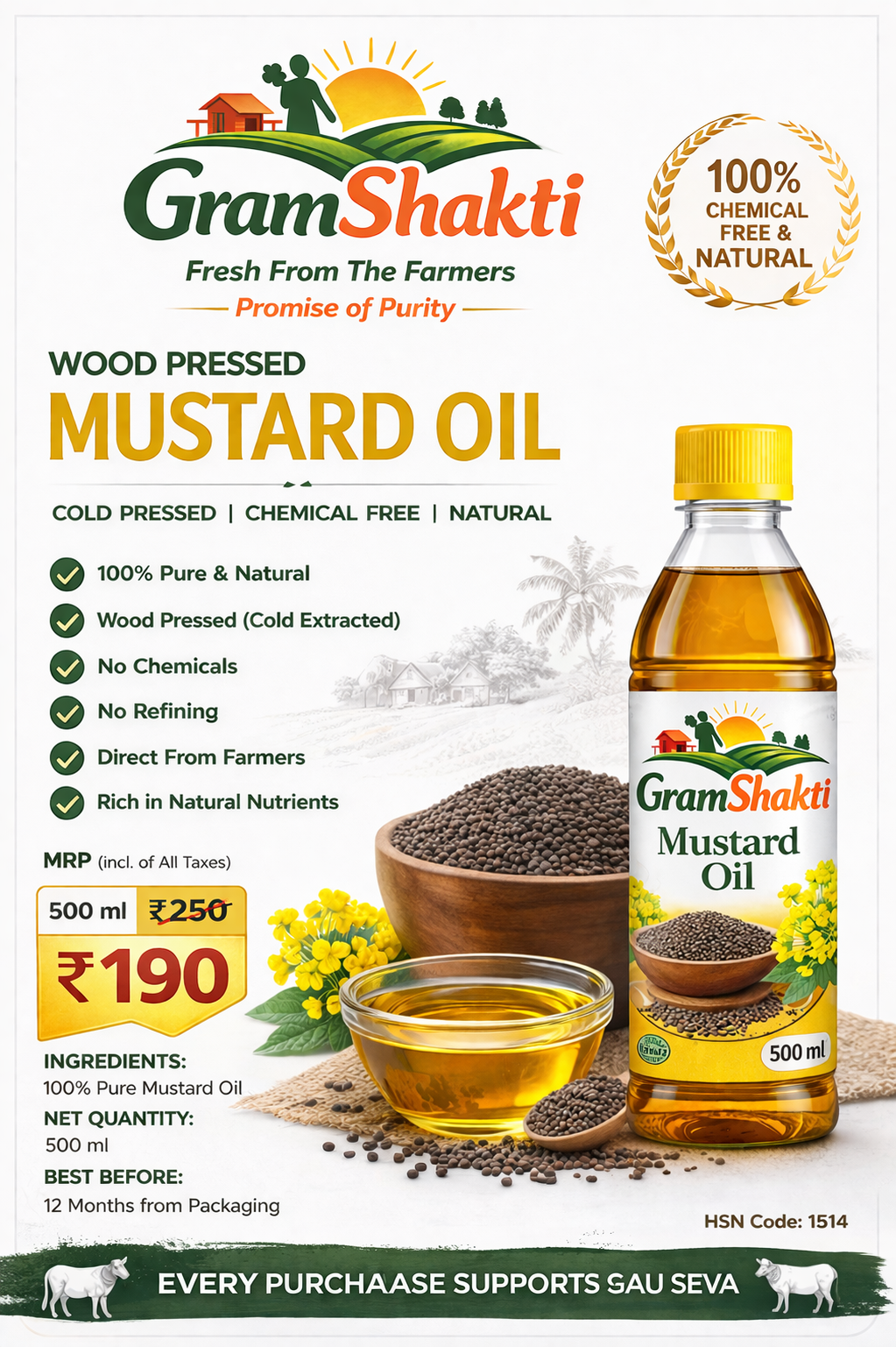 ORGANIC WOODEN PRESSED MUSTARD OIL 500ML - 500ml